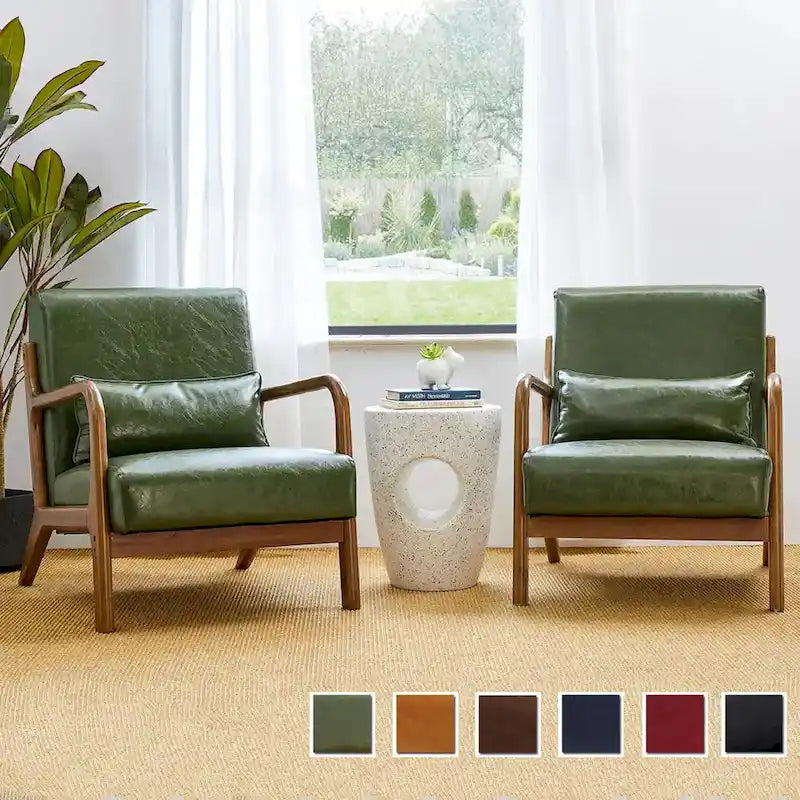 Ensemble de 2 fauteuils d'appoint Mid-Century Modern en cuir PU avec coussin - 65,4 cm L x 85,7 cm P x 78,1 cm H
