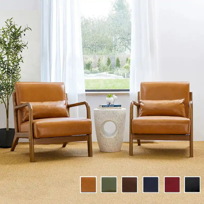 Ensemble de 2 fauteuils d'appoint Mid-Century Modern en cuir PU avec coussin - 65,4 cm L x 85,7 cm P x 78,1 cm H