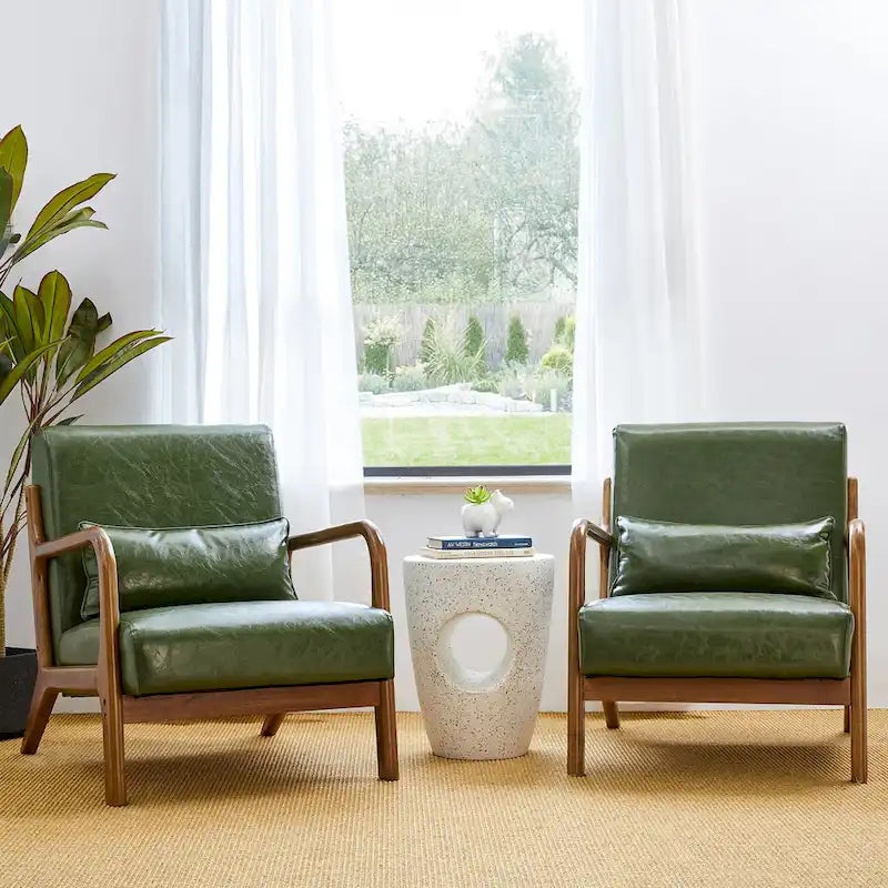 Ensemble de 2 fauteuils d'appoint Mid-Century Modern en cuir PU avec coussin - 65,4 cm L x 85,7 cm P x 78,1 cm H