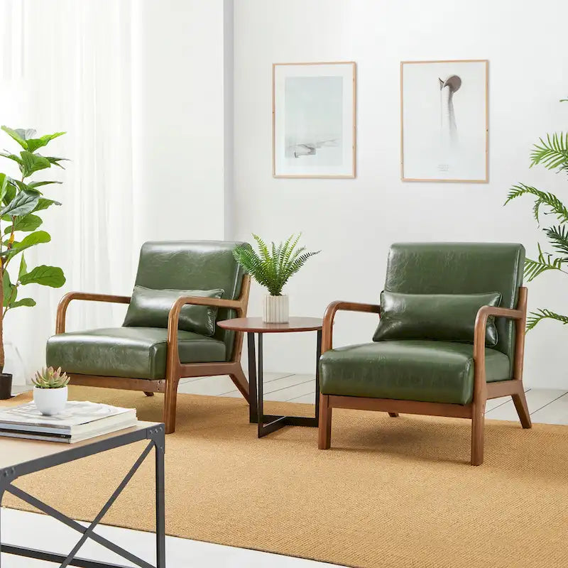Ensemble de 2 fauteuils d'appoint Mid-Century Modern en cuir PU avec coussin - 65,4 cm L x 85,7 cm P x 78,1 cm H