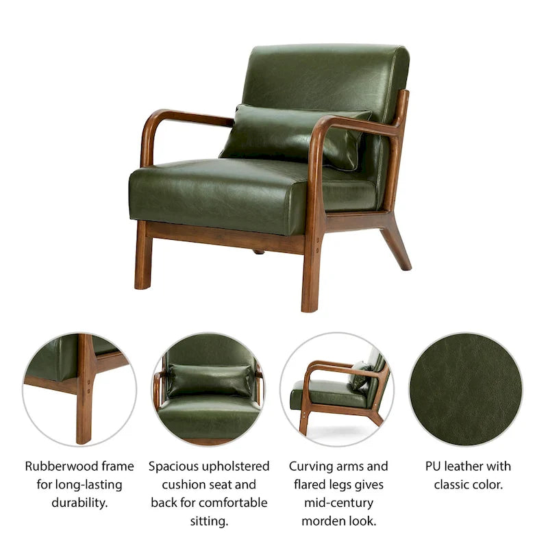 Ensemble de 2 fauteuils d'appoint Mid-Century Modern en cuir PU avec coussin - 65,4 cm L x 85,7 cm P x 78,1 cm H