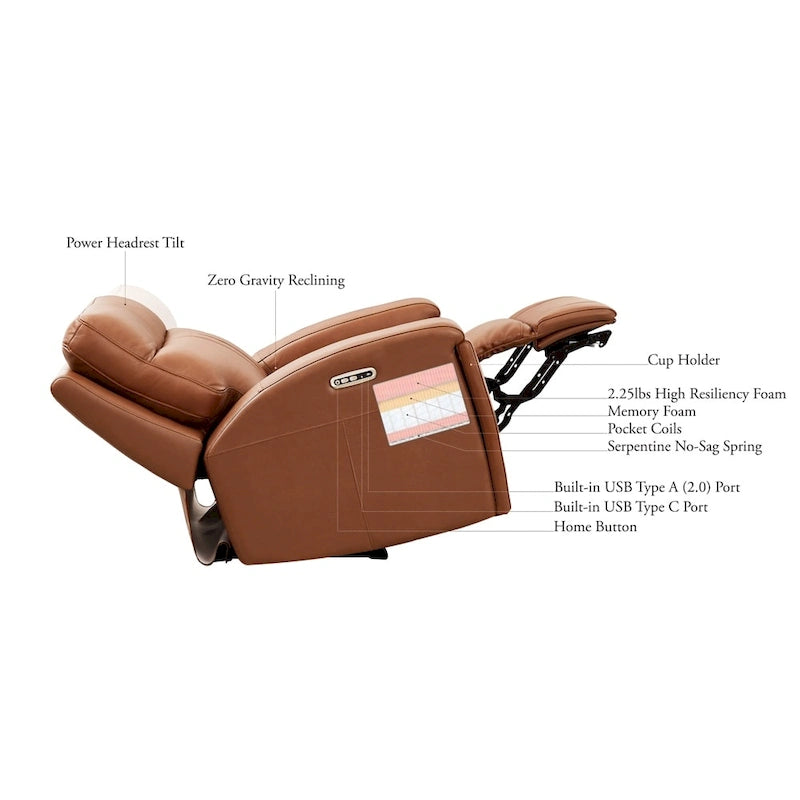 Fauteuil inclinable en cuir pleine fleur Venice Zero Gravity avec fonction d'inclinaison électrique, appui-tête réglable et porte-gobelet