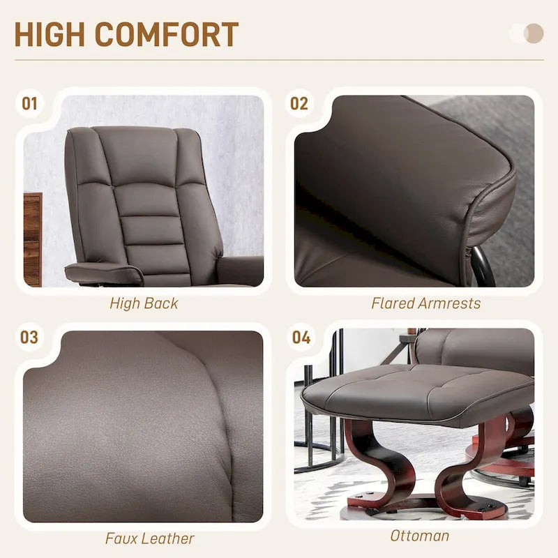 Fauteuil inclinable pivotant et ottoman, fauteuil inclinable en similicuir avec dossier haut