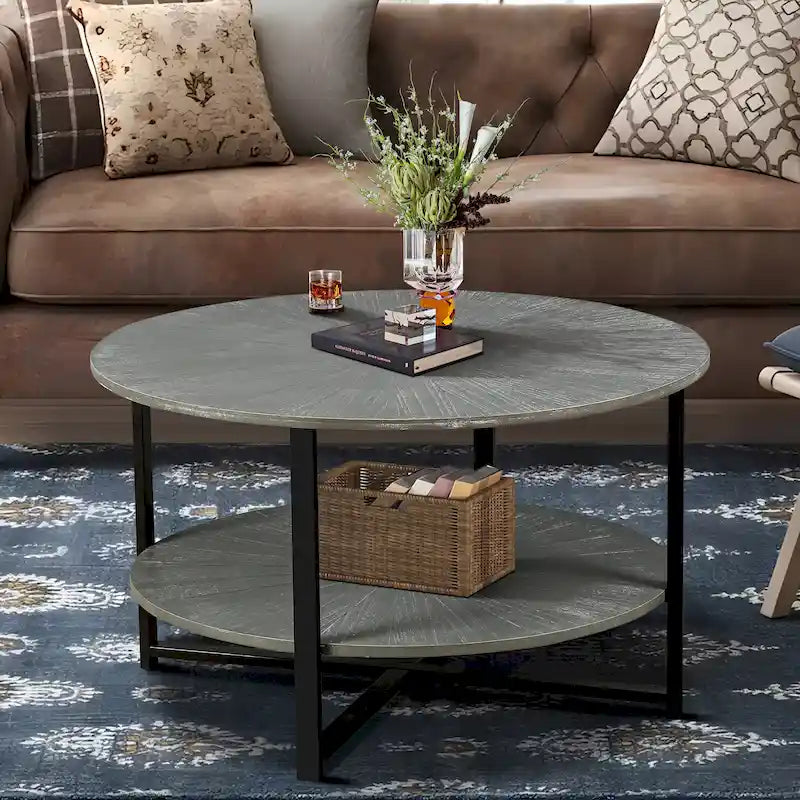 Table basse ronde avec rangement à 2 niveaux