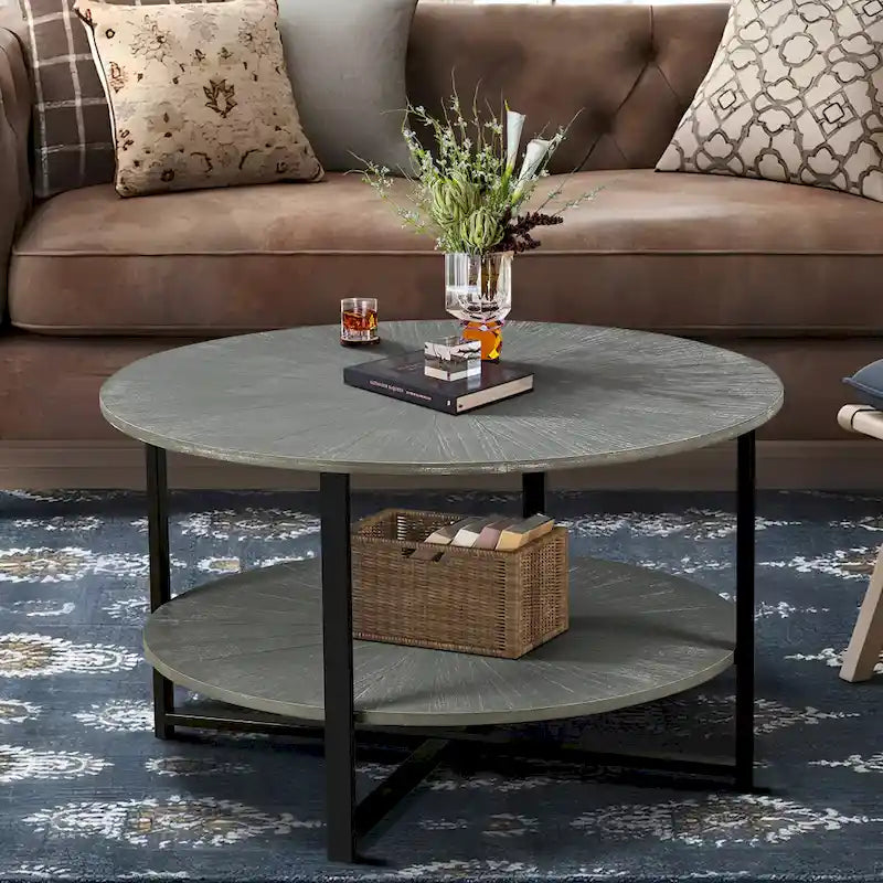 Table basse ronde avec rangement à 2 niveaux
