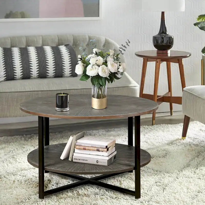 Table basse ronde avec rangement à 2 niveaux