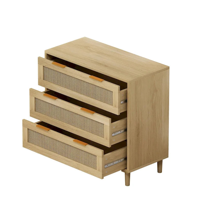 Meuble de rangement en rotin chêne à 3 tiroirs - 80L x 39.5W x 76.5H
