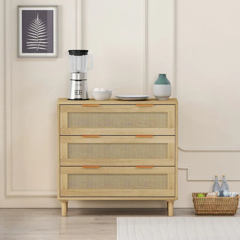 Meuble de rangement en rotin chêne à 3 tiroirs - 80L x 39.5W x 76.5H