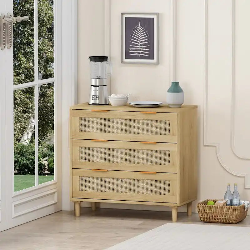 Meuble de rangement en rotin chêne à 3 tiroirs - 80L x 39.5W x 76.5H