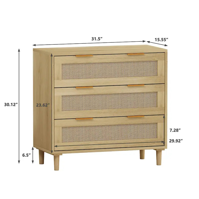 Meuble de rangement en rotin chêne à 3 tiroirs - 80L x 39.5W x 76.5H
