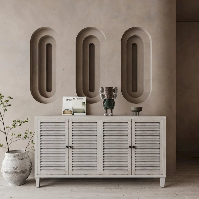 Vaisselier/buffet de ferme en bois naturel délavé de 60 po avec 4 portes à volets, meuble de rangement d'appoint