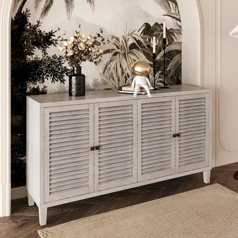 Vaisselier/buffet de ferme en bois naturel délavé de 60 po avec 4 portes à volets, meuble de rangement d'appoint