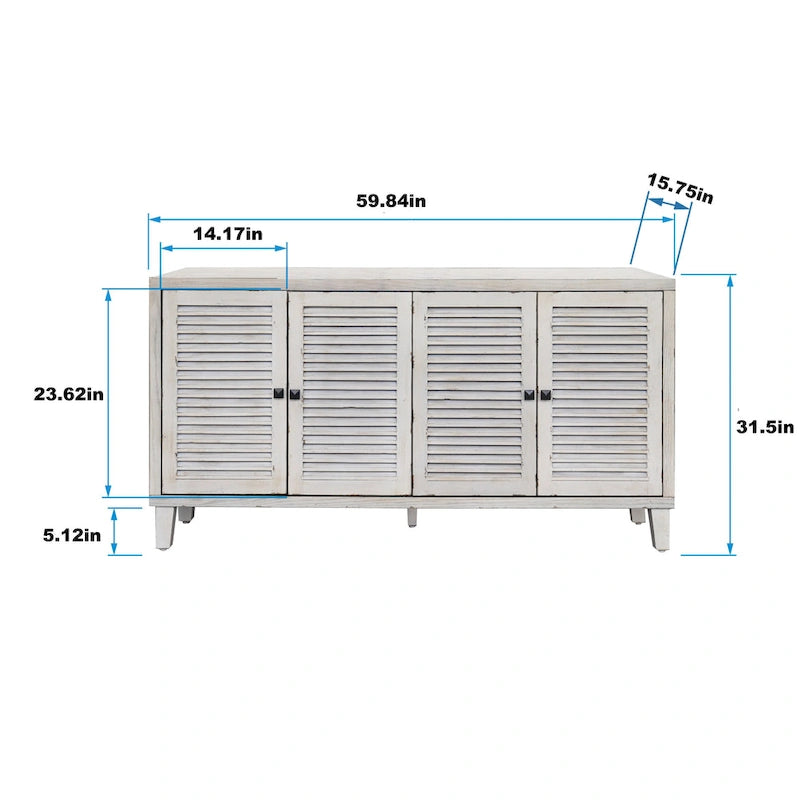 Vaisselier/buffet de ferme en bois naturel délavé de 60 po avec 4 portes à volets, meuble de rangement d'appoint