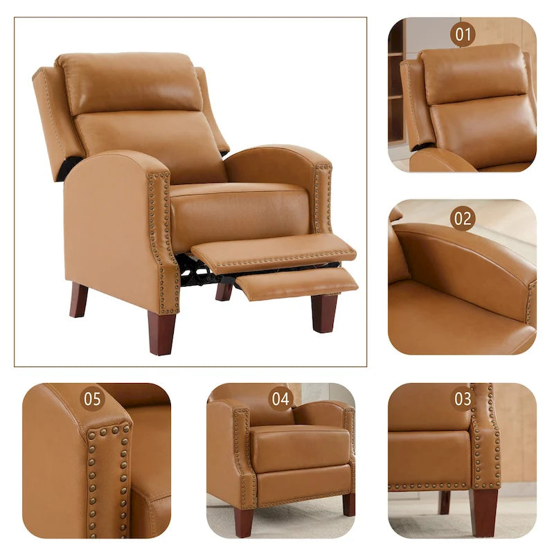 Fauteuil inclinable en cuir véritable avec dossier multi-angle et pieds en bois massif