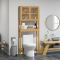 Meuble de rangement pour toilettes en bambou avec portes à lattes et étagère réglable