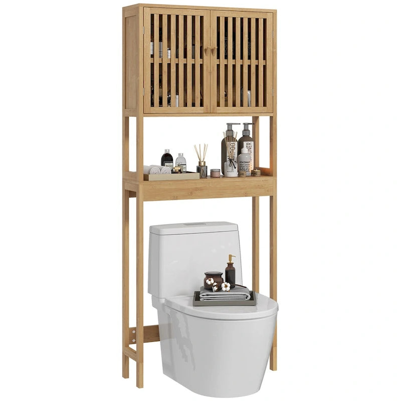 Meuble de rangement pour toilettes en bambou avec portes à lattes et étagère réglable