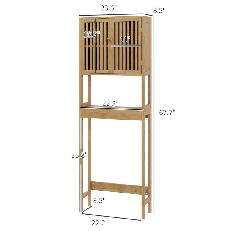 Meuble de rangement pour toilettes en bambou avec portes à lattes et étagère réglable