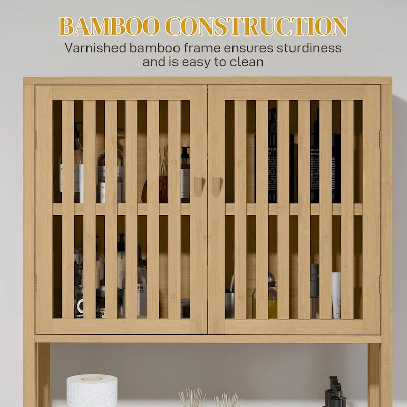 Meuble de rangement pour toilettes en bambou avec portes à lattes et étagère réglable