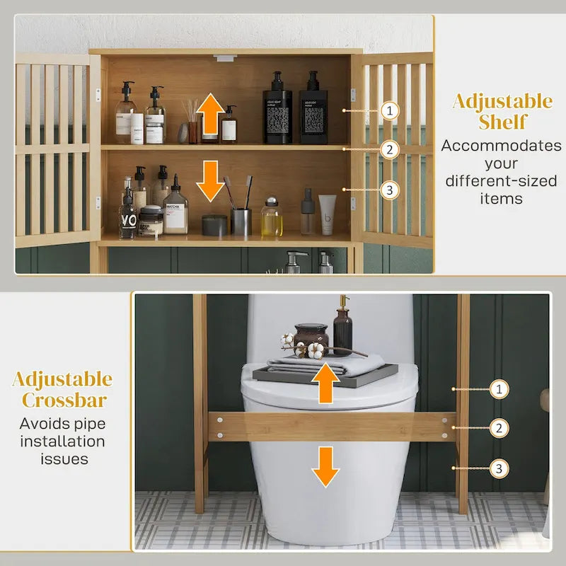 Meuble de rangement pour toilettes en bambou avec portes à lattes et étagère réglable