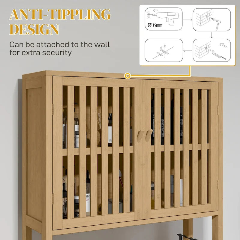 Meuble de rangement pour toilettes en bambou avec portes à lattes et étagère réglable