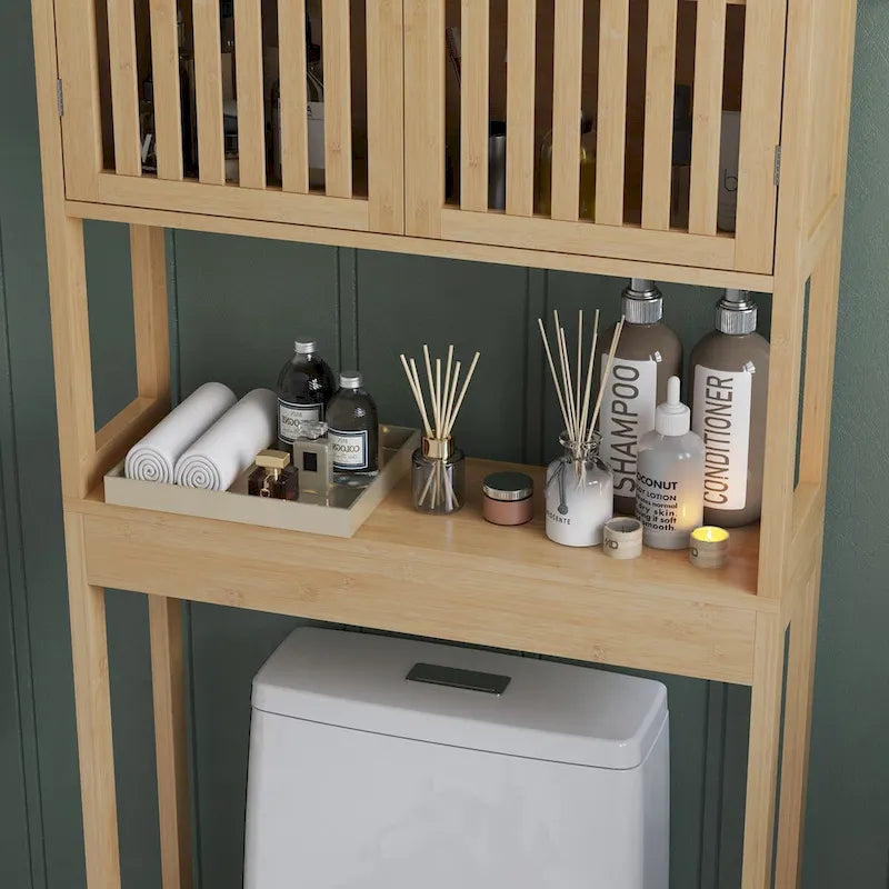 Meuble de rangement pour toilettes en bambou avec portes à lattes et étagère réglable