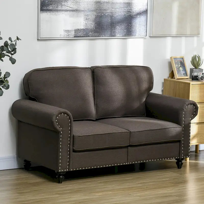 HOMCOM 61 Loveseat Sofa, Mid Century Modern 2 Seater Small Couch with Nailhead Trim, Rolled Arm, Fabric Upholstered Love Seat
