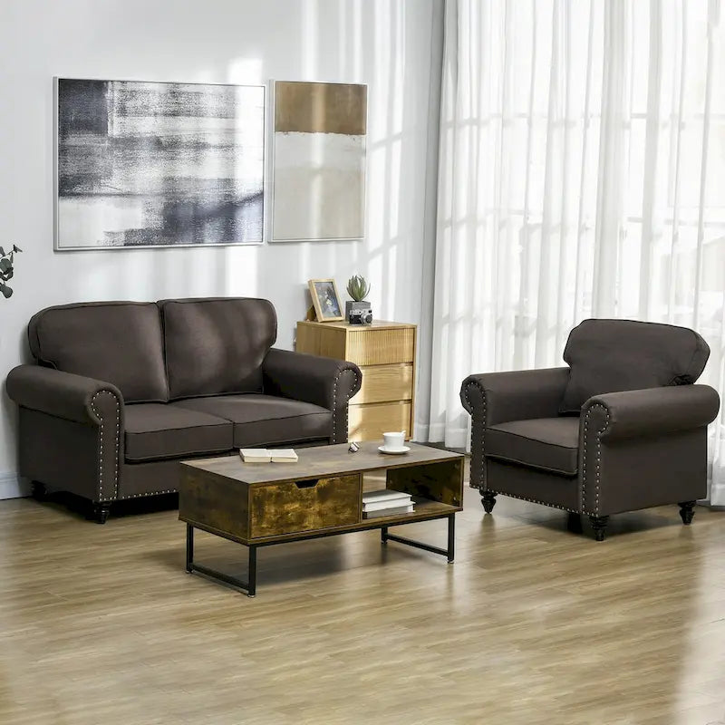 Petit canapé Mid-Century Modern 2 places avec garniture cloutée, accoudoirs roulés, causeuse recouverte de tissu