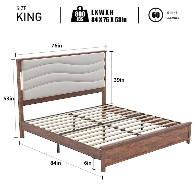 Cadre de lit King Size avec tête de lit capitonnée et station de recharge