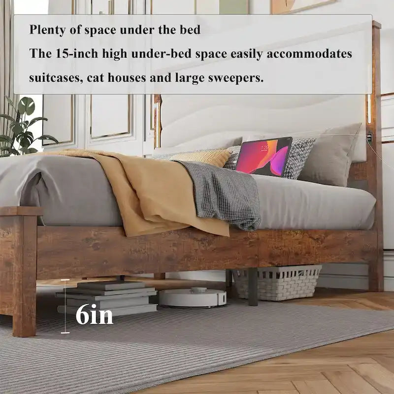 Cadre de lit King Size avec tête de lit capitonnée et station de recharge