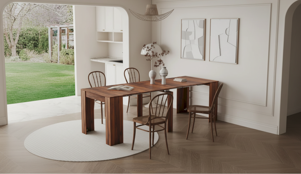 Accurate Walnut Panel-Leg Table in Cream Dining Room