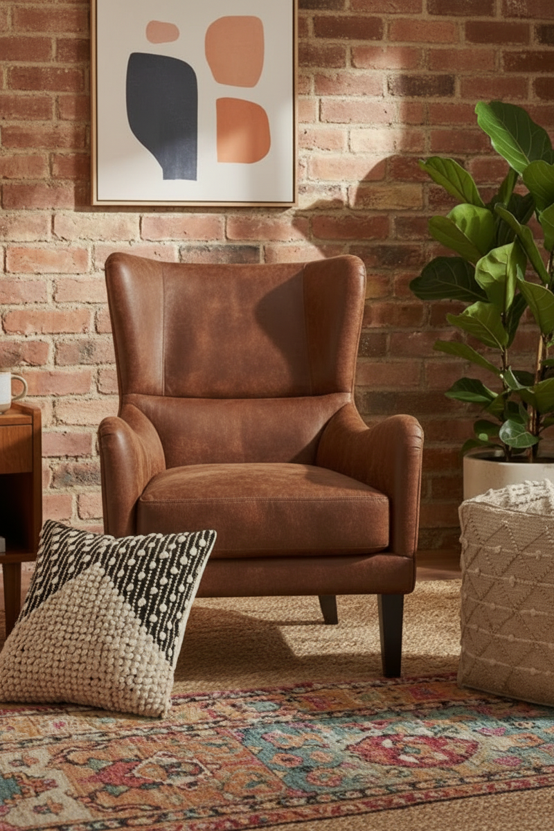 Boho Brick Room with Brown Leather Wingback Chair