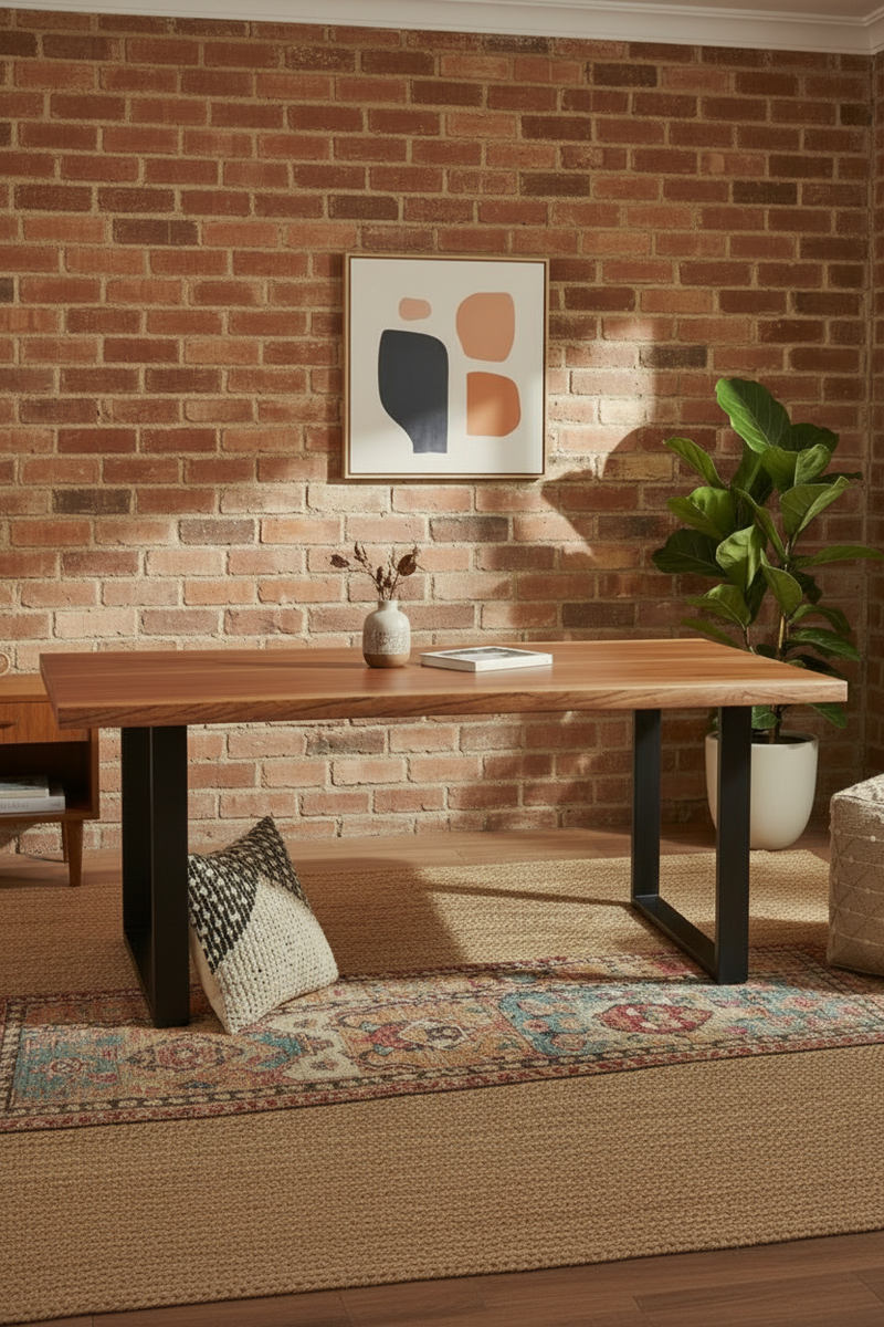 Vertical Portrait - Live Edge Table Boho Brick Room